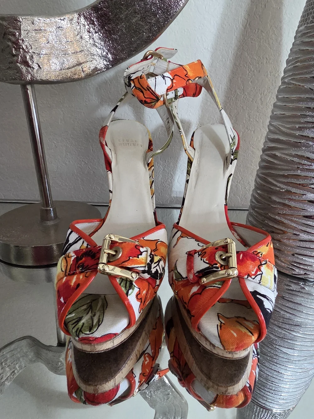 Stuart Weitzman Floral Multi-Color Cork Platform Ankle-Strap Heels - Picture 4 of 7